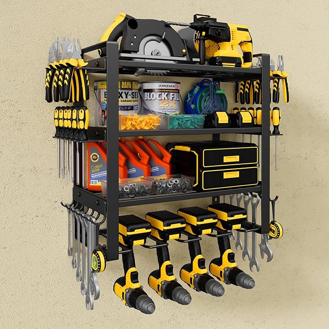 Power Tool Organizer Wall Mount, 4-Tier Tool Storage Rack with 8 Drill Holders, 200LBS Load Heavy Duty Cordless Tool Shelf for Garage Organization, Gift for Men
