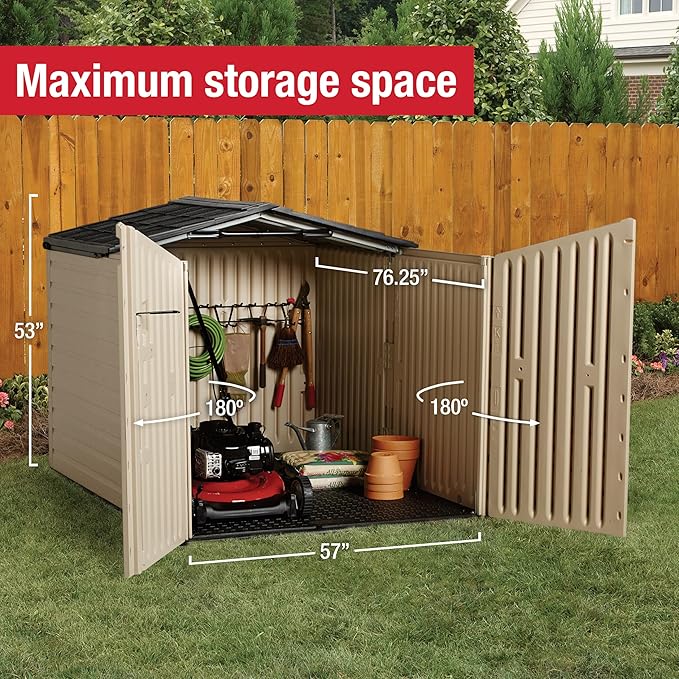 Rubbermaid Slide-Lid Resin Outdoor Storage Shed (5 x 6.5 Ft),Weather Resistant, Beige/Brown, Organization for Home/Backyard/Garden Tools/Lawn Mower/Bike Storage/Pool Supplies