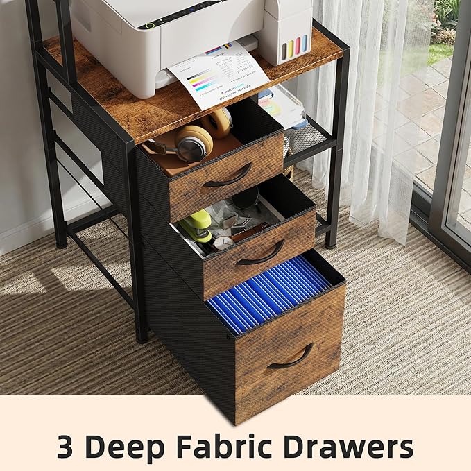 File Cabinet with 3 Fabric Drawers and 4 Open Shelves, Printer Stand with Top Storage Shelf, Office Cabinet with File Drawer Fits A4/Letter for Home Office, Rustic Brown