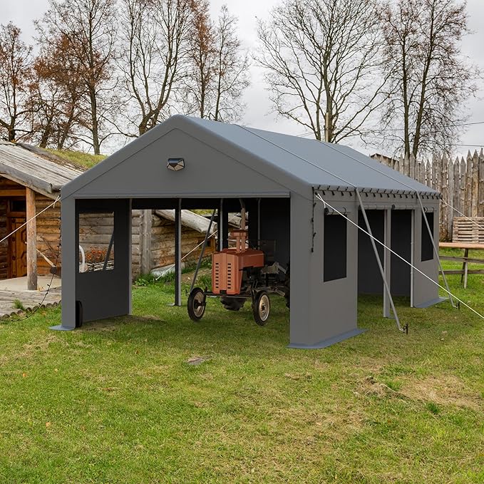 Carports Canopy Heavy Duty, Portable Garage with Sidewalls and Side Doors (13x25, Grey)
