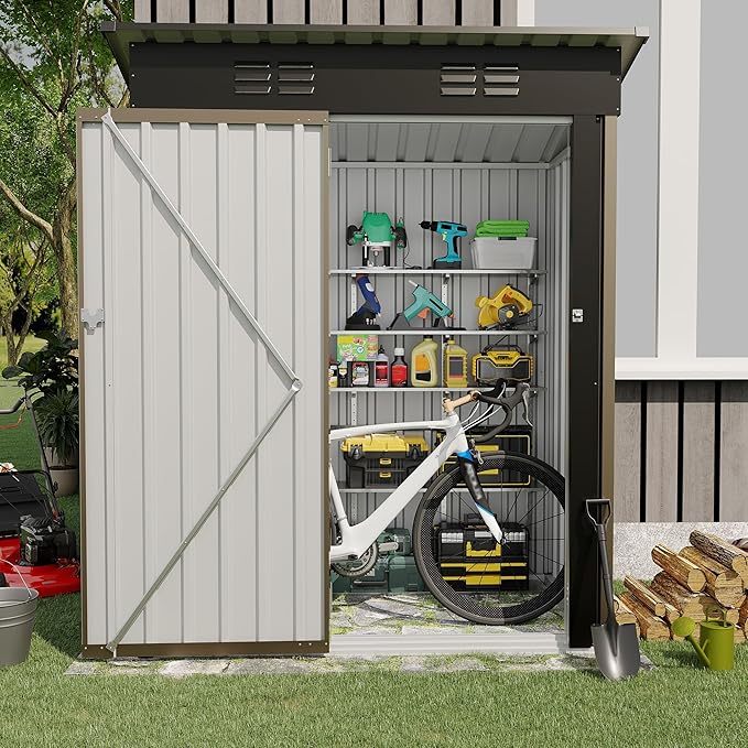 5×3FT Storage Shed，67CU.FT Tool Shed with Sloping Roof and Lockable Door, Compact Metal Tool Garden Shed for Garden, Backyard, Patio (Brown)