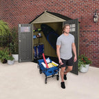 Rubbermaid Resin Outdoor Storage Shed With Floor (7 x 3.5 Ft) Weather Resistant, Brown Gable, Organization for Home/Backyard/Garden Tools/Lawn Mower/Bike Storage/Pool Supplies