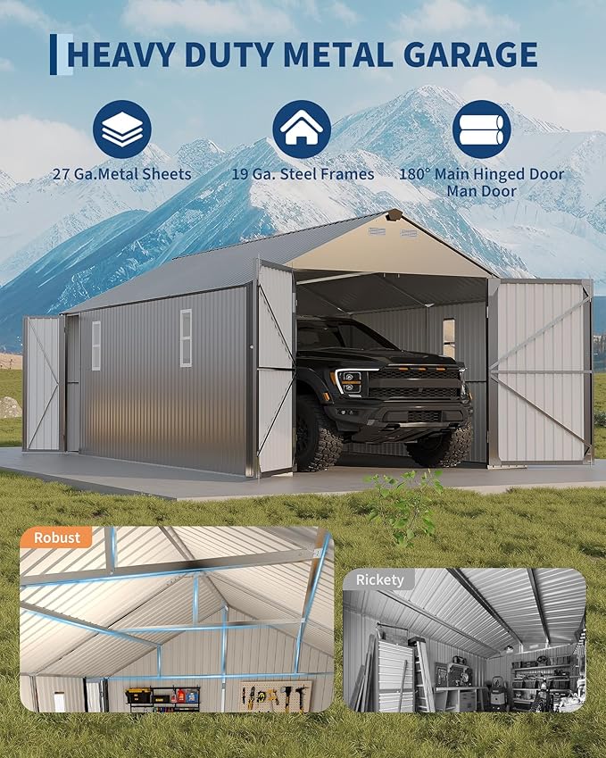Garvee 12x20 ft Enclosed Metal Car Port, Carport with Vertical Steel Roof for All-Weather Use, Metal Garage Shed with Man Door for Full-Sized Pickup Trucks & SUV, Gray