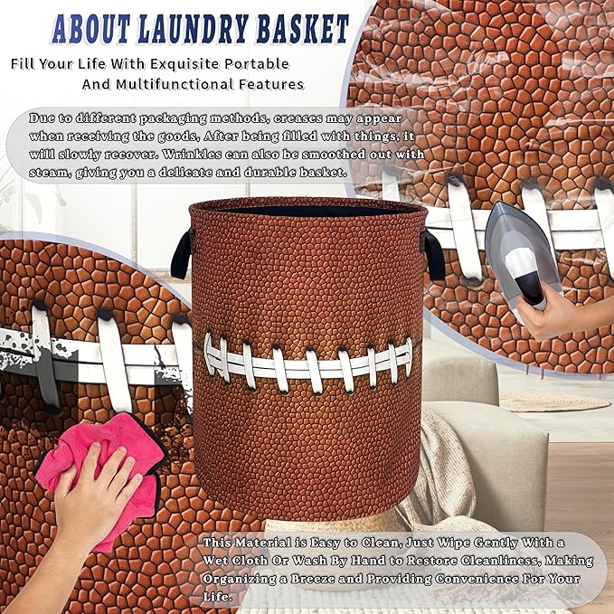 Funny Football Laundry Basket Oxford Cloth Ball Texture Laundry Hamper With Handle Foldable Portable Clothes Storage Basket Football Laundry Bag 18.9"x16.5" For Laundry Room/Bedroom/Bathrooms