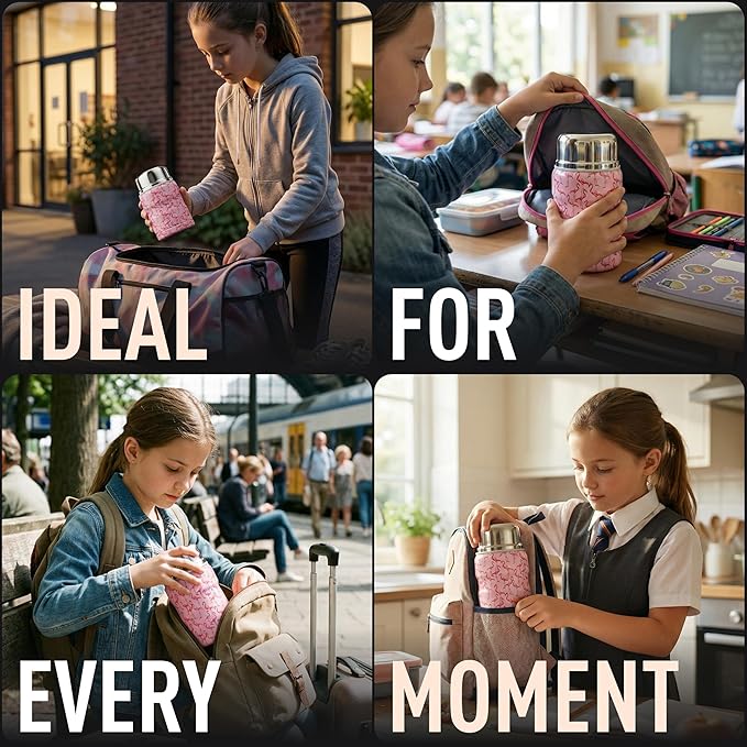 Earth&ME 17 OZ Soup Thermo for Hot & Cold Food for Kids, Vacuum Insulated Steel Lunch Container, Kids Wide Mouth Bento Thermal Food Jar, Warm Food Lunchbox Thermo Bowls with Spoon (Flamingo)
