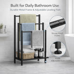 Freestanding Towel Rack, 3 Tier Metal Standing Towel Rack with Wooden Shelf, Blanket Holder and Bath Towel Drying Rack for Bathroom, Black