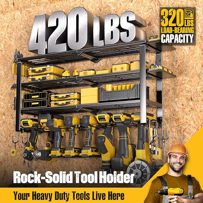420LB Capacity Power Tool Organizer with Charging Station & 6 Outlets | Quick Assembly 4-Layer Heavy Duty Rack for Drills & Batteries | Ultimate Garage Storage & Christmas Gift for Men