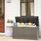 Flamaker Deck Box with Cushion 98 Gallon Waterproof Resin Storage Box with Air Rod Indoor Outdoor Lockable Storage Bench for Patio Furniture, Tools, Pool Accessories (Brown)
