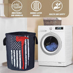 American Flag Red Line Ax Laundry Basket Firemen Foldable Oxford Cloth Funny Tote Bag Laundry Hamper Clothes Storage Bucket Organizer For Bathroom/Laundry Storage /Bedroom17.7x13.7Inch