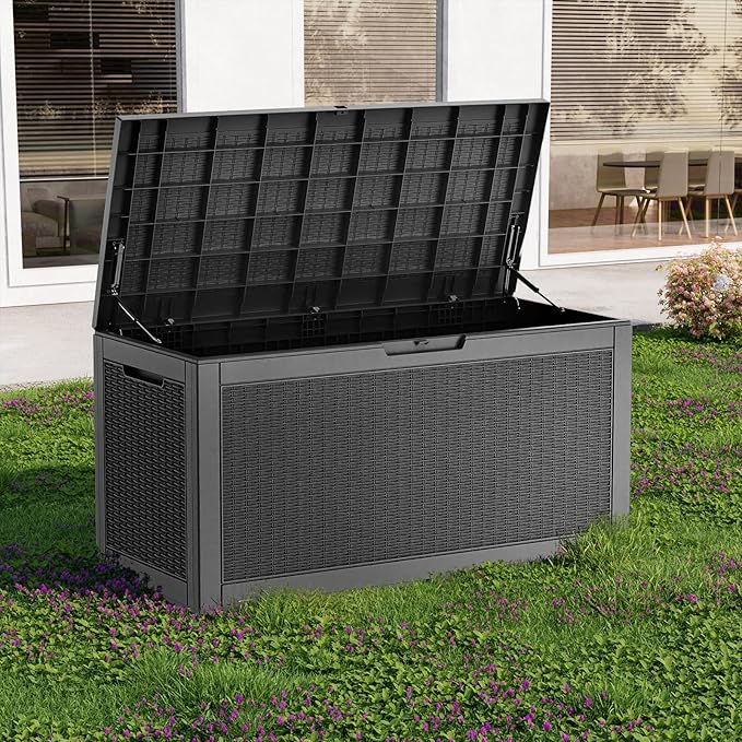 120 Gallon Outdoor Waterproof Resin Storage Deck Box Lockable Outside Bench UV Resistant Bin Patio Porch Furniture Pool Float Garden Tool Cushion Black