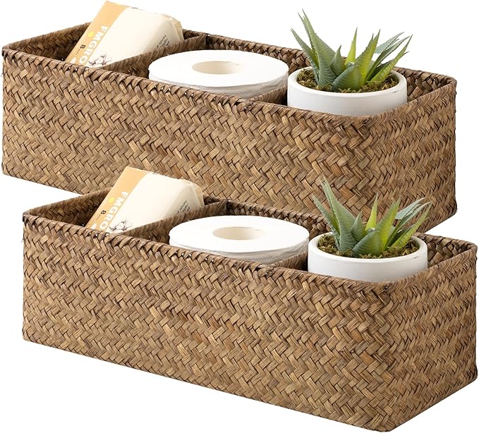 StorageWorks Toilet Paper Basket for Back of Toliet，with 3-Compartments, Bathroom Basket Organizer, Seagrass Toilet Tank Basket, Brown, 2-Pack