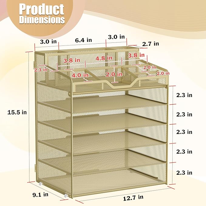 Docnest 6 Tier Mesh Desk Organizer for Paper Office Supplies – Multi-Functional Letter Tray with 5 Adjustable Compartments, 8 Pen Holders, Desktop Storage for Files, Mail, Stationery – Gold