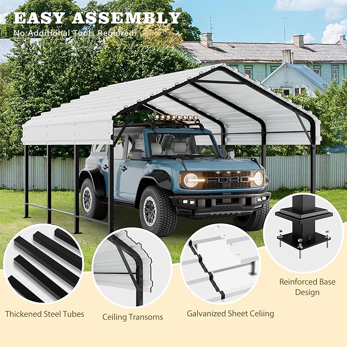 Nuturelly 12x15 FT Metal Carport, Heavy Duty Carport Canopy with Enhanced Base, Outdoor Car Shelter with Galvanized Steel Roof and Frame Garage for Truck, SUV, Boat(White)