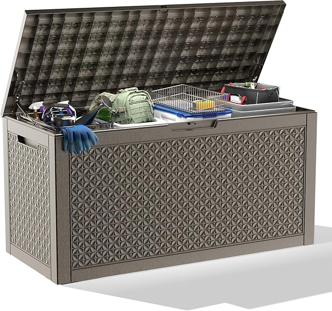 110 Gallon Deck Box Outdoor, Waterproof Outdoor Storage Boxes with Lids, Outside Resin Lockable Storage Box for Patio Cushions, Garden Tools(Grey)