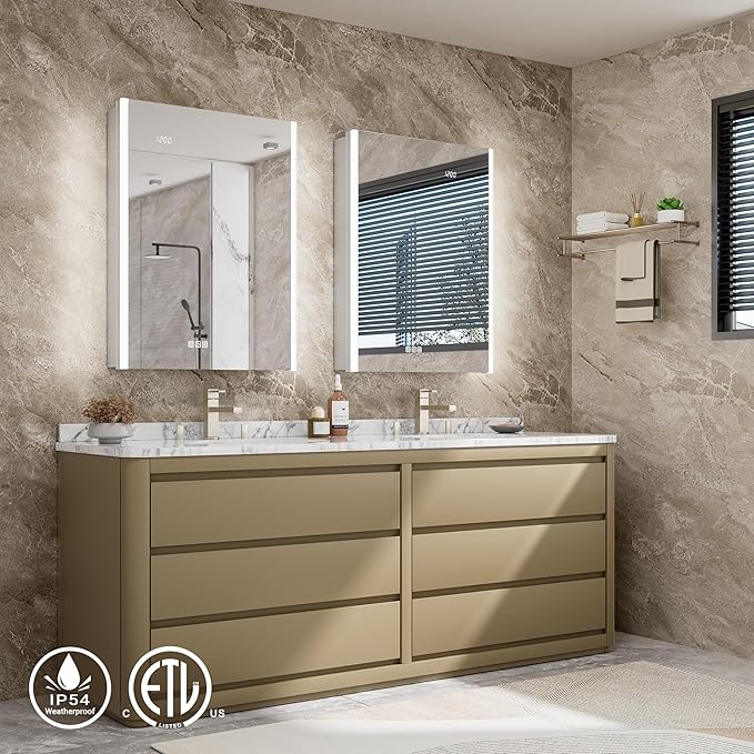 24x32 Lighted Medicine Cabinet Mirror with Lights & Smart Night Lamp -Surface or Recessed Medicine Cabinet Mirror with Outlet & Clock,Fogless Dimmable LED Storage Mirror,Built-in Sensor Light