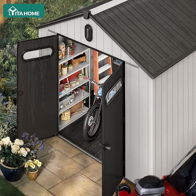YITAHOME 8x10ft Resin Storage Shed, Extra Thick Outdoor Plastic Garden Storage Unit with Oval Vision Windows & Lockable Doors, 16mm Heavy Duty Waterproof Tool Sheds with Floor for Lawn Equipment, Gray