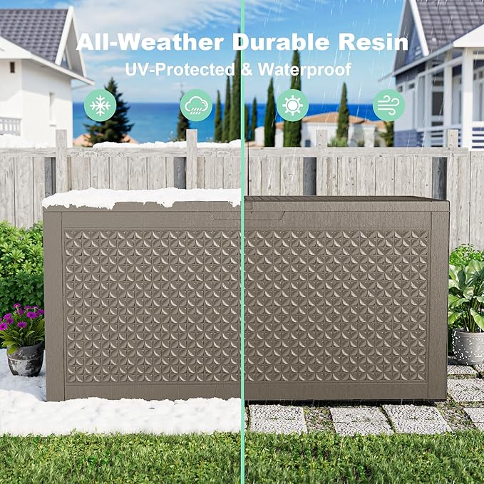 110 Gallon Outdoor Waterproof Resin Storage Deck Box Lockable Outside Bench UV Resistant Bin Patio Porch Furniture Pool Float Garden Tool Cushion Grey