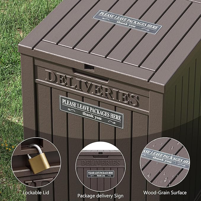 Package Delivery Box for Outside with Sticker, 48 Gallon Storage with Lockable Secure, Large Double Wall Resin Outdoor Package Delivery Waterproof Deck