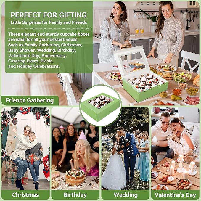 3-Set Cupcake Boxes Bulk with Clear Display Window Hold 12 Standard Cupcakes, Disposable Food Grade Green Cupcake Carrier Cupcake Container, Perfect for Cupcakes Muffins Cookies Pastries