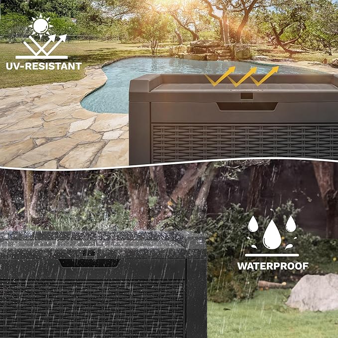 DWVO 32 Gallon Indoor Outdoor Storage Box, Resin Rattan Small Deck Box for Patio Furniture, Cushions, Garden Tools, Sports Equipment,Black