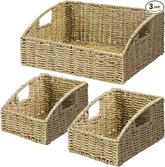 Ollieroo Rattan Storage Baskets, Handwoven Wicker Storage Bins with Built-in Handles, Storage Container Baskets for Shelves, Bedroom, Bathroom, Laundry Room or Kitchen(Green)
