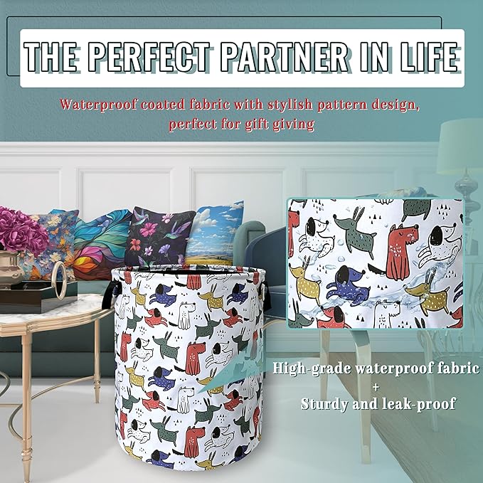 Cute Cartoon Animal Dogs Laundry Basket Foldable With Handles Tote Bag Oxford Cloth Funny Dog Laundry Hamper Clothes Storage Bucket Toy Organizer 18.9" x16.5" For Bathroom/Laundry/Bedroom