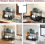 2 Tier Dish Drainers Drying Rack for Kitchen Counter Large Stainless Steel Dishes Drain with Drainboard, Space Saving, Big Modern Black Countertop Metal Plates Dryer Strainer Holder and Extra Tray