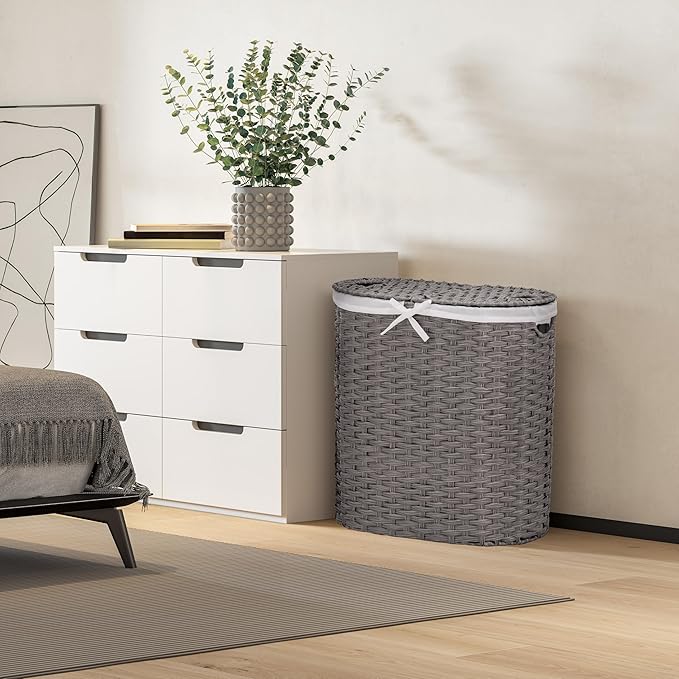 Seville Classics Premium Handwoven Portable Laundry Bin Basket with Carrying Handles, Household Storage for Clothes, Linens, Sheets, Gray, Oval Hamper