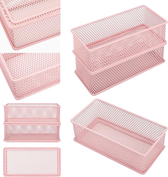 Annova Mesh Stackable Drawer Cabinet and Shelf Organizer Bins Storage Basket School Office Supply Holder Tray- Set of 2 (Light Pink, 3x6x2 Inch)