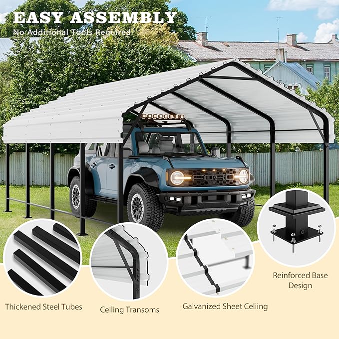 Nuturelly 12x20 FT Metal Carport, Heavy Duty Carport Canopy with Enhanced Base, Outdoor Car Shelter with Galvanized Steel Roof and Frame Garage for Truck, SUV, Boat(White)