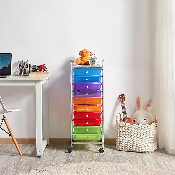 Yaheetech 10 Drawer Cart Rolling Plastic Storage Cart and Organizer Multipurpose Mobile Rolling Utility Storage Organizer for Home Office School and Workshop, Multicolor