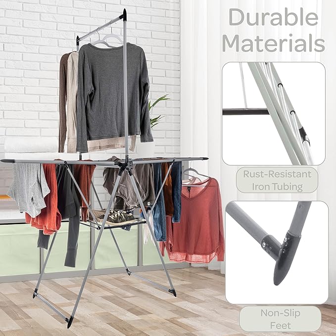 Clothes Drying Rack - 2-Level Laundry Drying Rack with 24 Drying Rails, Hanging Bar, and 2 Height-Adjustable Wings - Indoor/Outdoor Foldable Drying Rack by Home-Complete (Platinum)