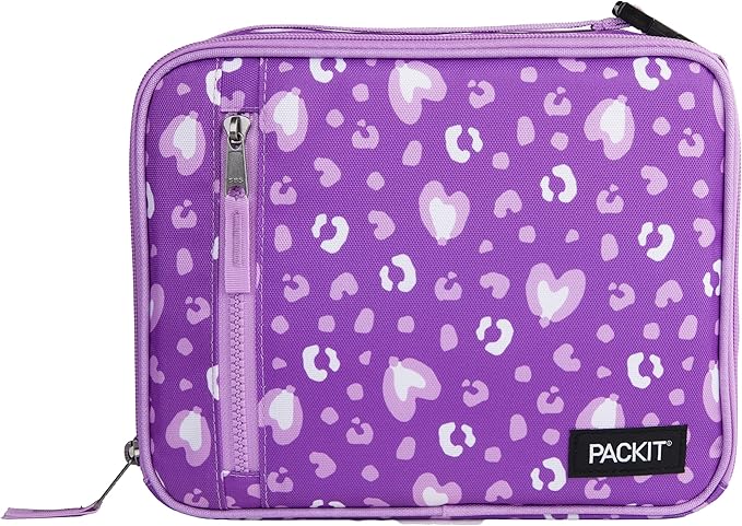 PackIt(R) Freezable Classic Lunch Box, Leopard Hearts Purple, Built with EcoFreeze(R) Technology, Reusable, Zip Closure With Zip Front Pocket and Buckle Handle, Designed for Fresh Lunch On the Go