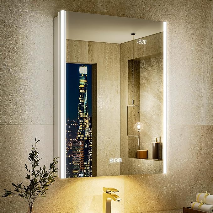 24x32 LED Bathroom Medicine Cabinet Mirror with Smart Night Lamp, Surface or Recessed Fogless Lighted Medicine Cabinet Mirror with Outlet &Clock,Built-in Sensor Light& Soft-Close Right-Hinge