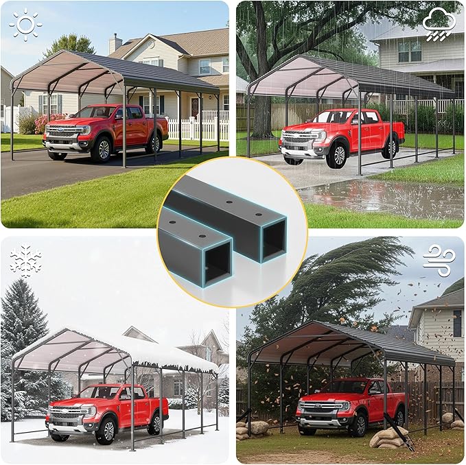 12' x 20' Carport, Heavy Duty Carport with Updated Roof & Enhanced Base, All Weather Steel Car Port, Multi-Use Car Port Garage, Metal Carports for Car, Truck, Boat, Tractors, Party, Grey