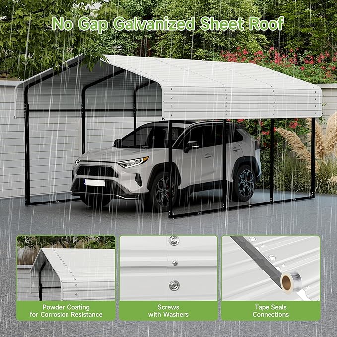 Real Relax 10x15FT Heavy Duty Metal Carport, Outdoor Carport Canopy with Galvanized Steel Roof and Reinforced Base for All-Weather, Garage Shelter Shade for Trucks, Boats, Party, Cream White
