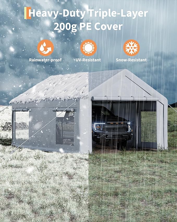 10 x 20ft Carport, Portable Carport with Roll-Up Windows & Removable Sidewalls & Doors Thickened Wind Ropes, Ground Nails, Portable Garage for Cars, Trucks, Boats, 200G Durable Tarp Cover,White