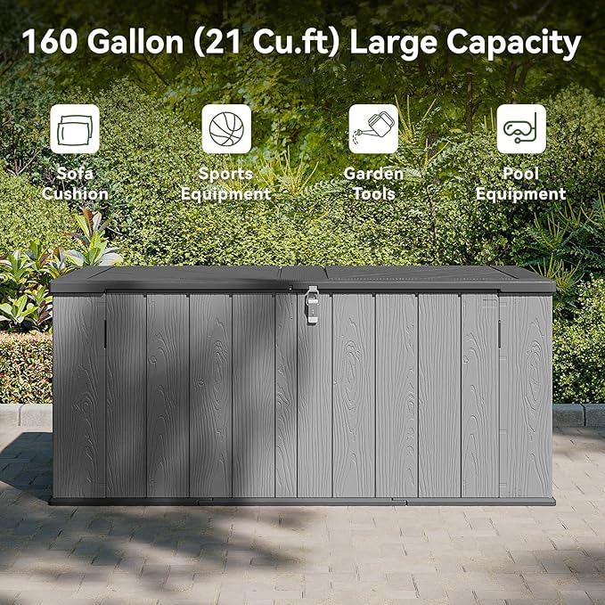 AOXUN Horizontal Storage Sheds 21 Cu.ft, HDPE Outdoor Storage Box 160 Gallon, Waterproof Lockable Resin Deck Box with Spring-Assisted Lid, Patio Storage for Garden, Pool, Cushions, Tools, Grey