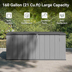 AOXUN Horizontal Storage Sheds 21 Cu.ft, HDPE Outdoor Storage Box 160 Gallon, Waterproof Lockable Resin Deck Box with Spring-Assisted Lid, Patio Storage for Garden, Pool, Cushions, Tools, Grey