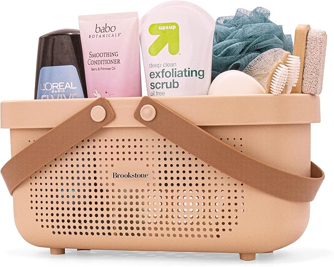 Brookstone Modern Large Portable Shower Caddy with Soft Silicone Carrying Handle, Bathroom Organizer Basket, Plastic Bath Tote and Shower Organizer, Quick Dry Drainage Holes, BPA Free, Blush