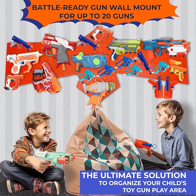 Skywin Wooden Pegboard for Nerf Gun Storage, Nerf Gun Wall Mount Eagle Shape, Compatible with All Blasters, Rack for Wall Organization - Birthday Gift for Kids (Orange)