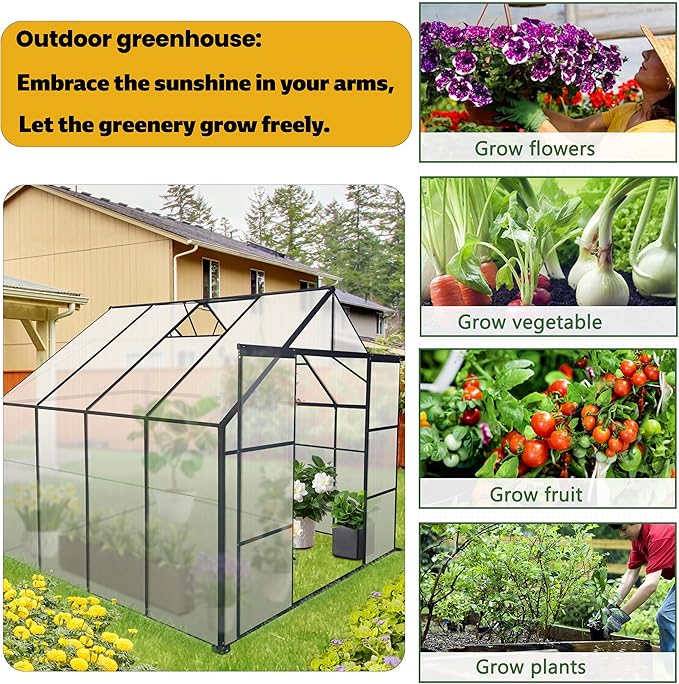 8X8 FT Outdoor Greenhouse, Greenhouse Polycarbonate with Roof Vent, Sliding Lockable Door, Aluminum Walk-in Greenhouses for Outdoor Garden Backyard, Terrace, Lawn，Black
