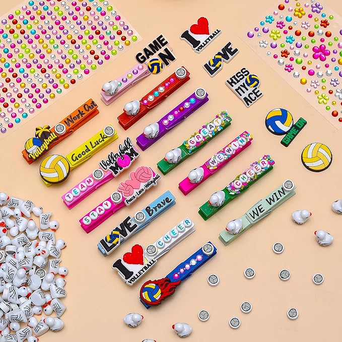80 Set Cheer Pins Volleyball Spirit Clips, Include 80 Wooden Cheer Colored Clothes Pins 300 Letter Beads 120 Mini Volleyball Decor for Team Gifts for Cheerleading Backpacks Cheer Gifts Bulk