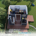 VanAcc 9x9x7 FT Metal Storage Shed, Dual-Zone Tool Shed with Work Area, Reinforced Frame, Gable Roof, Ventilated Design, Dark Grey
