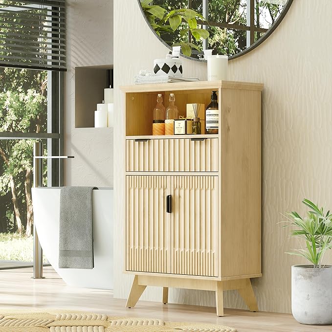 FLOWBACK Fluted Cabinet, 40'' High Coffee Bar Cabinet with Drawer & Door, Bathroom Storage with Open Shelf, Wood Kitchen Pantry Sideboard Buffet Table with Shelves for Kitchen, Dining Room, Entryway