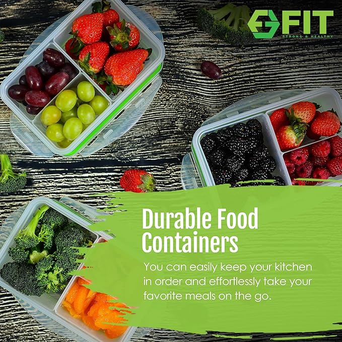 FIT Strong & Healthy Bento Lunch Box & Meal Prep Containers, Food & Snack Storage for Adults & Kids, Microwave, Freezer, & Dishwasher Safe, Reusable, Airtight Lid, Removable Compartments, 39oz, 4 Pack