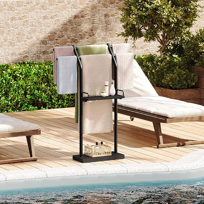 Free Standing Towel Rack, Taller Double-T Shape Bath Sheet Holder for Bathroom, Floor Blanket Holder Stand with Weighted Base, 4-Tier Towel Storage Rack, for Living Room, Balcony, Black CJ20BB