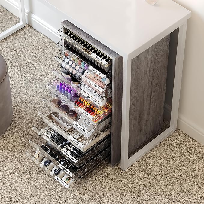 WOPITUES Storage Drawer Cart, Mobile Storage Cabinet, Makeup Storage with 10 Large Clear Drawers, Utility Wooden Rolling Cart on Wheels, for Cosmetic, Art Craft, Office Supplies, Toy, Grey
