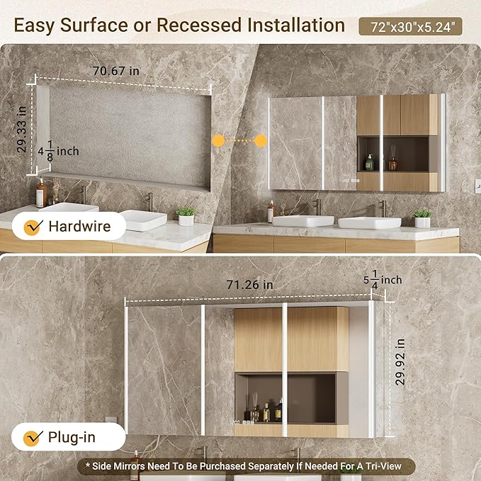 72x30 Lighted Medicine Cabinet Mirror with Lights & Smart Night Lamp -Surface or Recessed Medicine Cabinet with Outlet & Clock,Fogless Dimmable LED Storage Mirror,Built-in Sensor Light