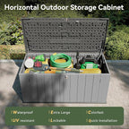 AOXUN Horizontal Storage Sheds 21 Cu.ft, HDPE Outdoor Storage Box 160 Gallon, Waterproof Lockable Resin Deck Box with Spring-Assisted Lid, Patio Storage for Garden, Pool, Cushions, Tools, Grey